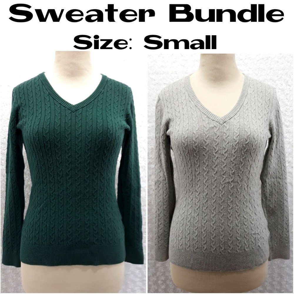 2 Cable Knit V Neck Sweaters Gray and Forest Green